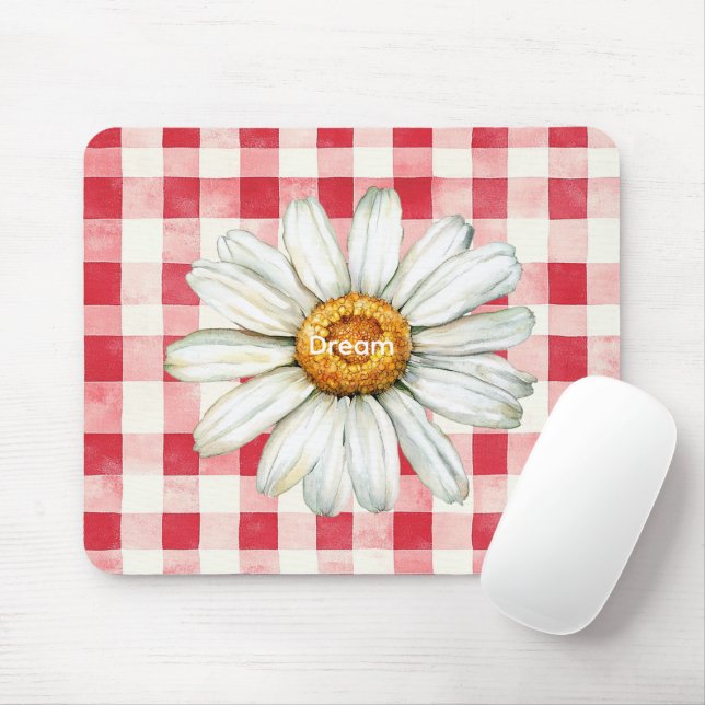 Red Cream Plaid Daisy Flower Mouse Pad (With Mouse)
