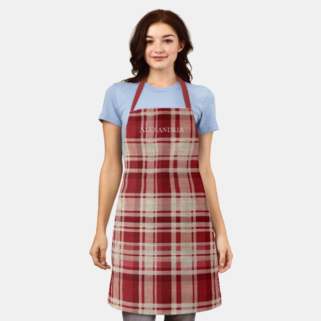 Red Cream Plaid Stripes Apron (Worn)