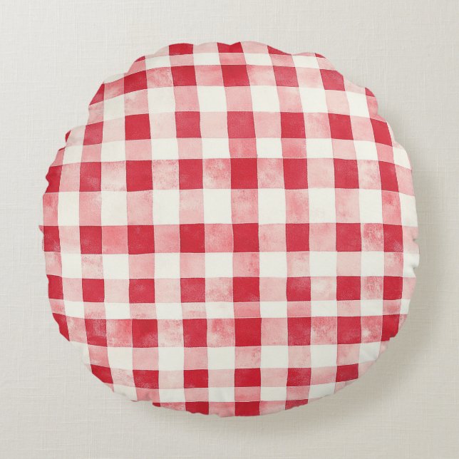 Red Cream Plaid Stripes Birthday Round Pillow (Front)