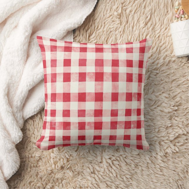 Red Cream Plaid Stripes Birthday Throw Pillow (Blanket)