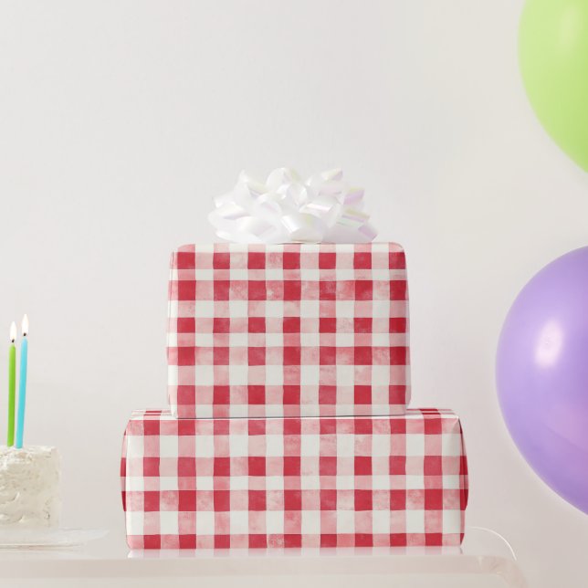 Red Cream Plaid Stripes Birthday Wrapping Paper (Party Gifts)
