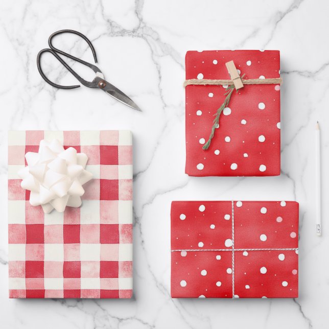 Red Cream Plaid Stripes Dots Birthday Wrapping Paper Sheets (Front)