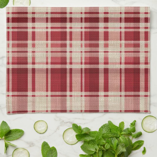 Red Cream Plaid Stripes Kitchen Towel (Folded)