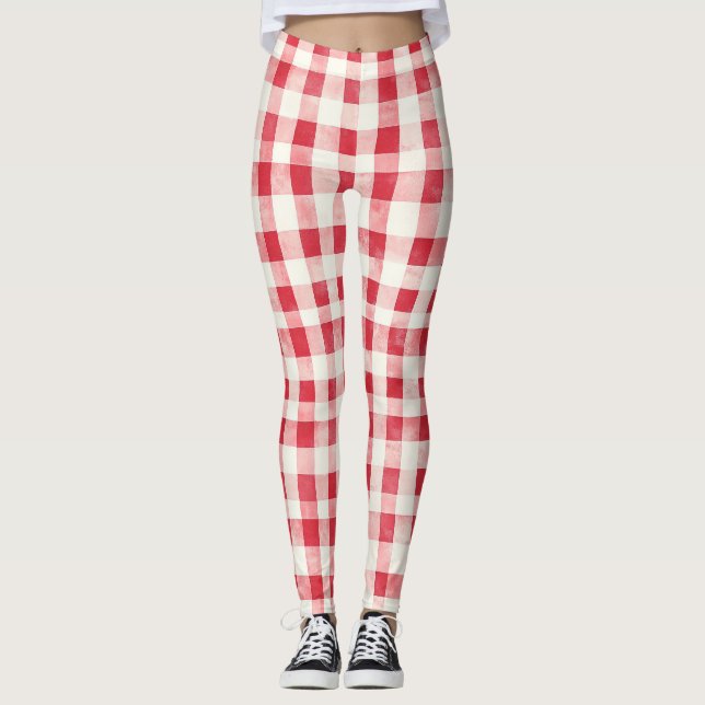 Red Cream Plaid Stripes   Leggings (Front)