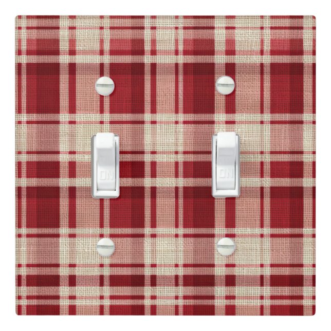 Red Cream Plaid Stripes Light Switch Cover (In Situ)