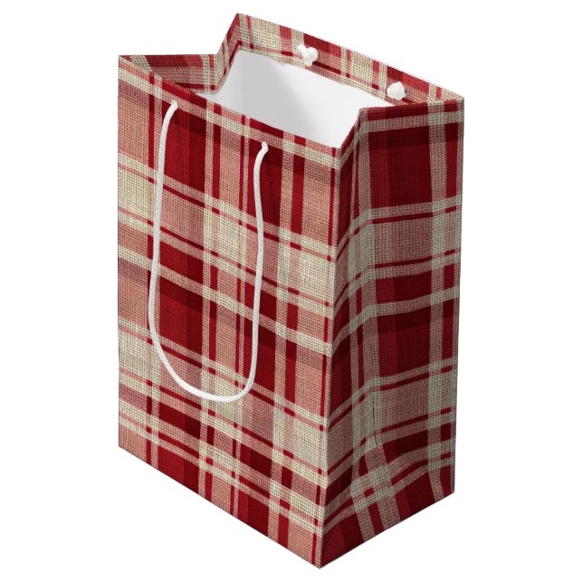 Red Cream Plaid Stripes Medium Gift Bag (Front Angled)