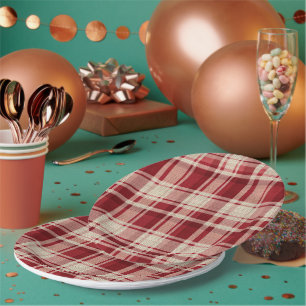 Red Cream Plaid Stripes Paper Plates