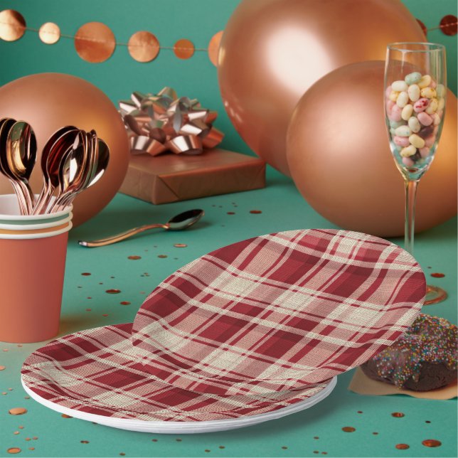 Red Cream Plaid Stripes Paper Plates (Multi)