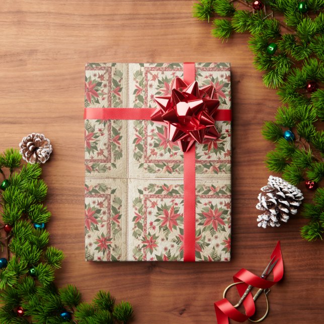 Red & Cream Poinsettias Quilt Pattern Wrapping Paper (Holiday Gift)