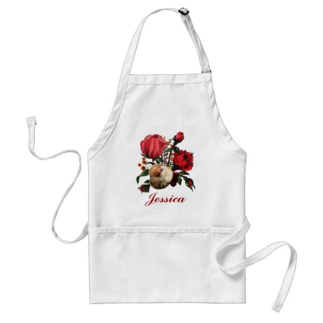 Red & Cream  Rose Customizable Name Adult Apron (Front)