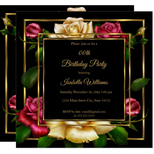 Red Cream Rose Floral Gold Black Birthday Party Invitation