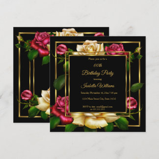 Red cream Rose floral Gold black Birthday Party Invitation