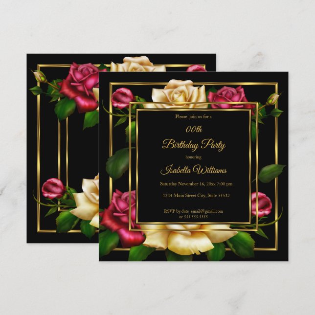 Red cream Rose floral Gold black Birthday Party Invitation (Front/Back)