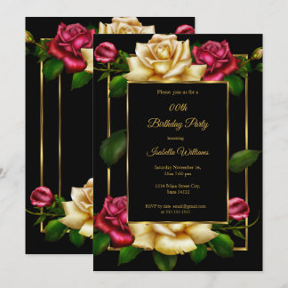 Red cream Rose floral Gold black Birthday Party Invitation