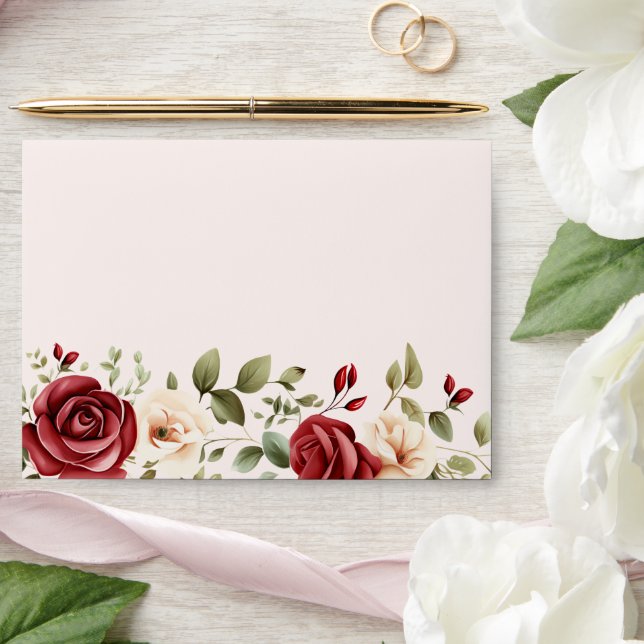 Red Cream Roses Blush Pink Floral Wedding Envelope (Wedding)