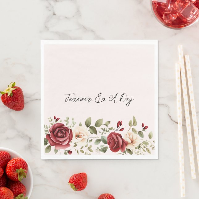Red Cream Roses Blush Pink Floral Wedding Napkins (Insitu)
