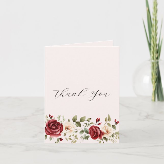 Red Cream Roses Blush Pink Floral Wedding Thank You Card (Front)
