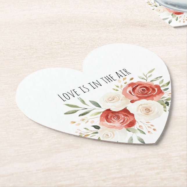 Red Cream Roses Floral Love Bridal Shower Paper Coaster (Angled)