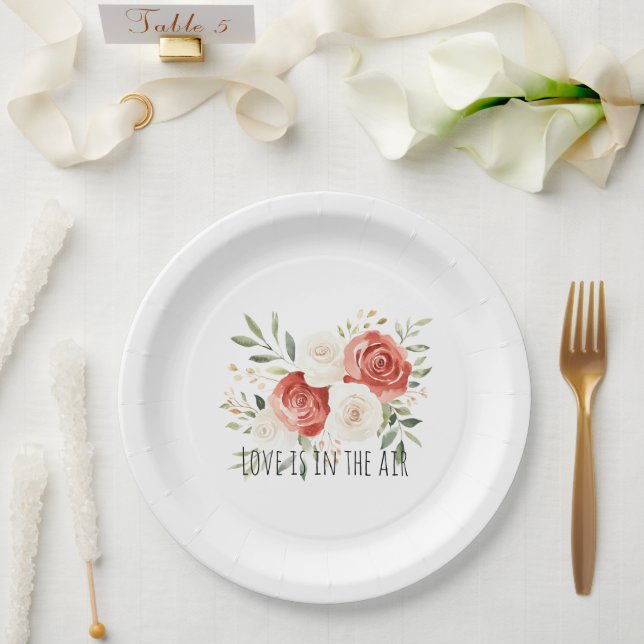 Red Cream Roses Floral Love Bridal Shower Paper Plates (Wedding)
