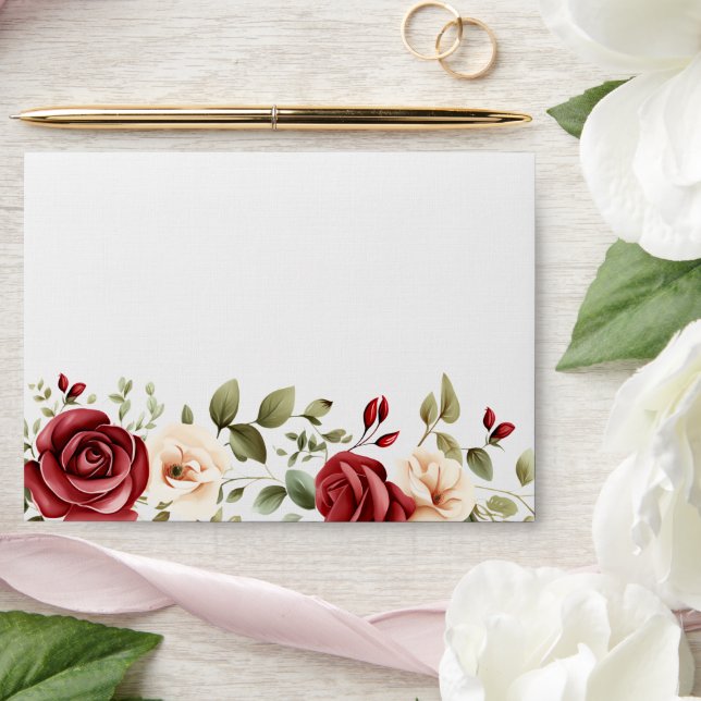 Red Cream Roses Floral Wedding Envelope (Wedding)