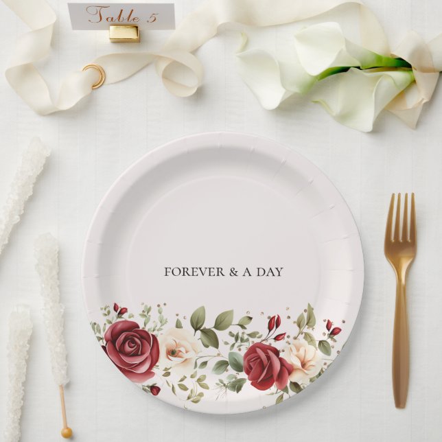 Red Cream Roses Gold Wedding Paper Plates (Wedding)