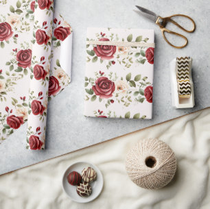 Red Cream Roses Gold Wedding Wrapping Paper