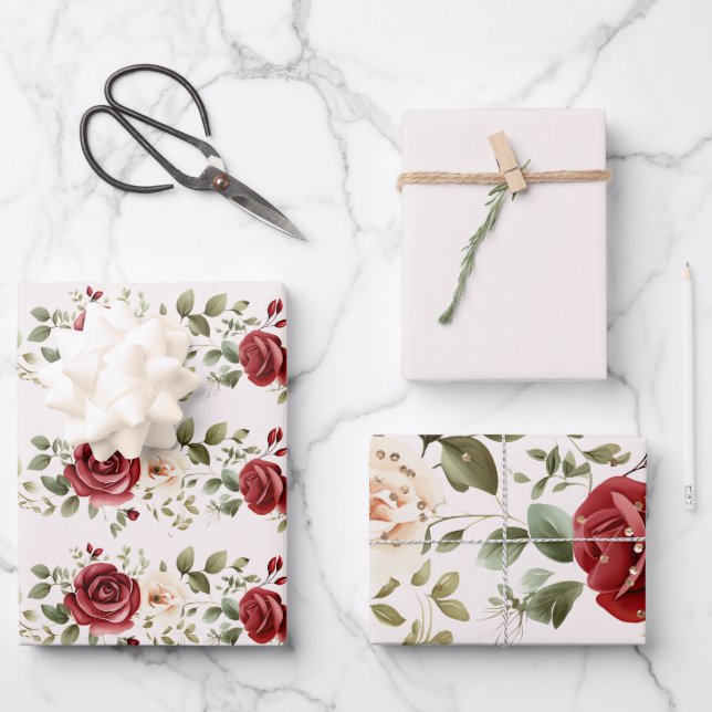 Red Cream Roses Gold Wedding Wrapping Paper Sheets (Front)