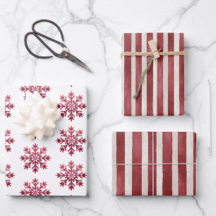 Red Cream Stripes Christmas Snowflakes Wrapping Paper Sheets