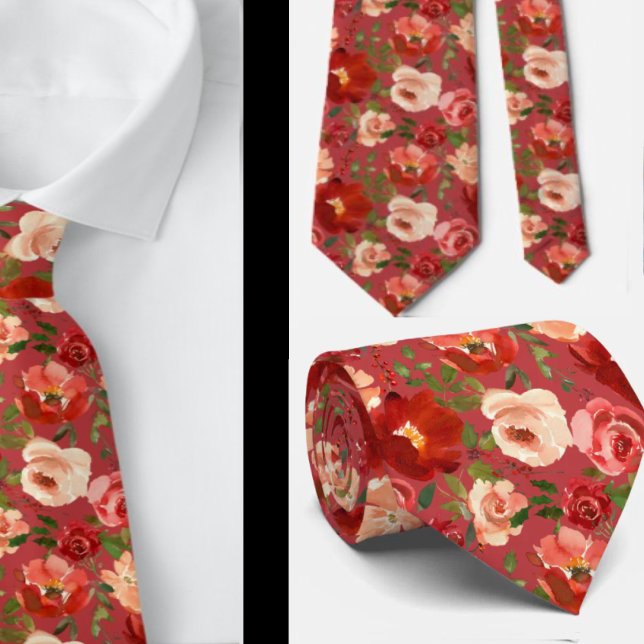 Red Cream Watercolor Floral Roses Neck Tie (Creator Uploaded)