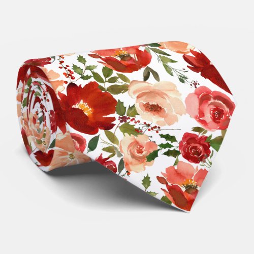 Red Cream Watercolor Floral Roses Neck Tie