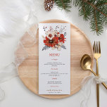 Red Cream Watercolor Florals Foliage Wedding Menu<br><div class="desc">Red Cream watercolor florals Foliage Wedding Menu. Beautiful Christmassy watercolor florals and foliage in shades of red and cream,  with a coordinating red background on the back. The typography is in stylish lowercase and easily personalized to your own details.</div>
