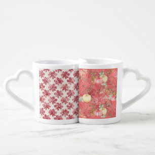RED & CREAM WATERCOLOR PUMPKINS & FALL LEAVES COFFEE MUG SET