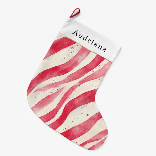 Red Cream White Candy Cane Christmas Large Christmas Stocking (Front (Hanging))