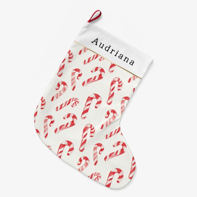 Red Cream White Candy Canes Christmas   Large Christmas Stocking (Front (Hanging))