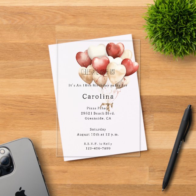 Red Cream White Hearts Balloons Birthday  Acrylic Invitations (Insitu (Invitation Card))