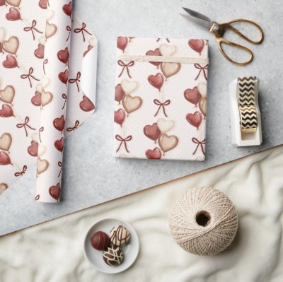 Red Cream White Hearts Bows Love Wrapping Paper