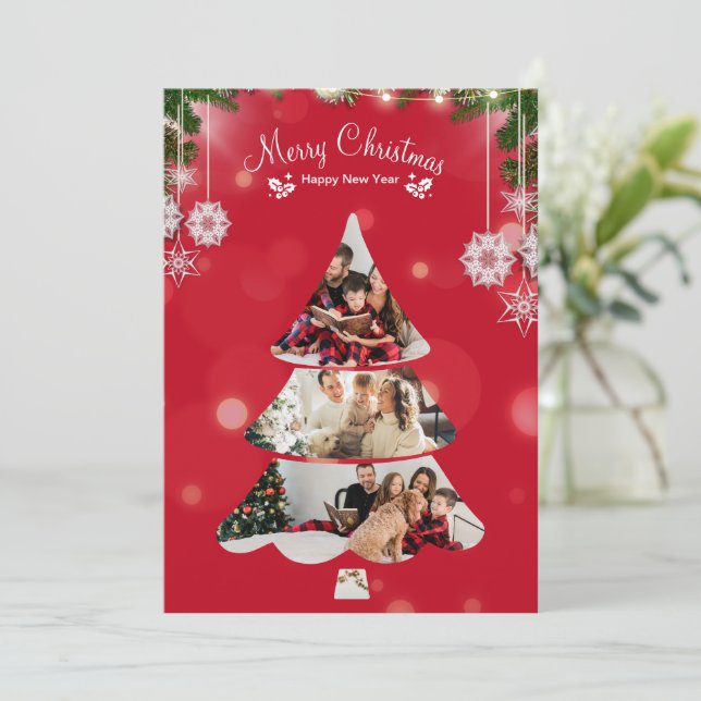 Red Creative Modern Christmas Tree Photo Collage Invitation (Standing Front)