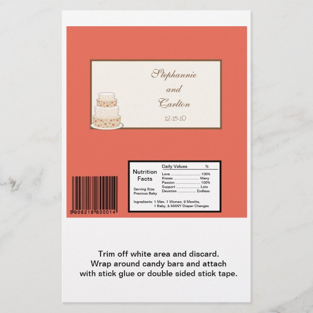 Red/Creme Wedding Cake Large Candy Bar Wrapper (Front)