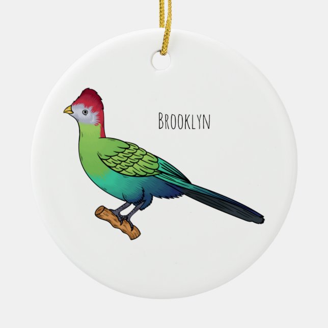 Red-crested turaco bird cartoon illustration  ceramic ornament (Front)