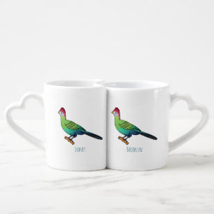 Red-crested turaco bird cartoon illustration coffee mug set
