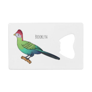 Red-crested turaco bird cartoon illustration credit card bottle opener