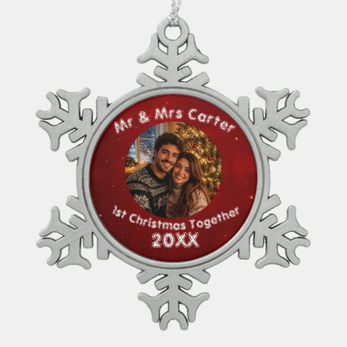 Red Crimson 1st Christmas Together Couple Photo Snowflake Pewter Christmas Ornament