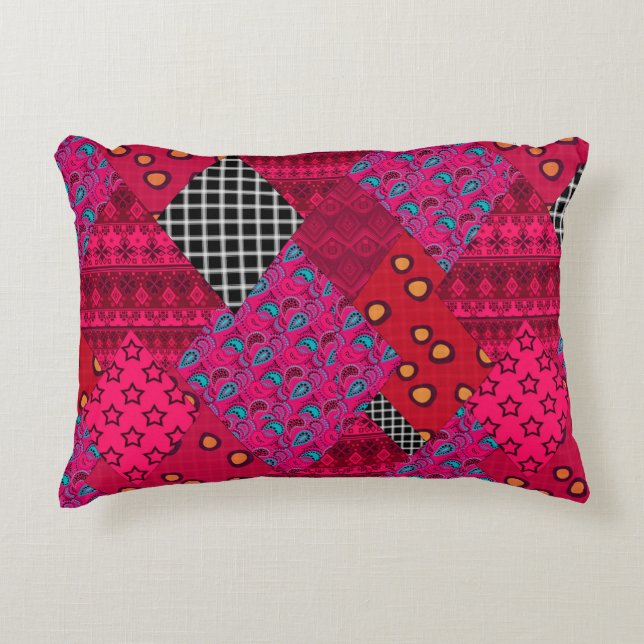 Red  Crimson  Colorful patchwork   Accent Pillow (Front)