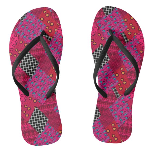 Red  Crimson  Colorful patchwork   Flip Flops (Footbed)
