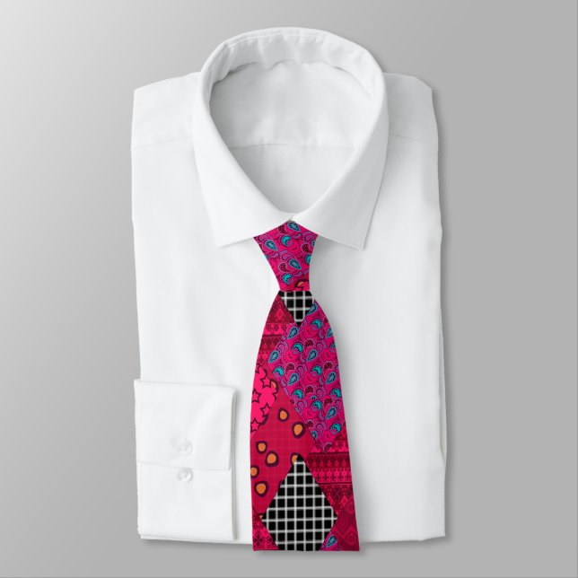 Red  Crimson  Colorful patchwork  Neck Tie (Tied)