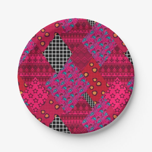 Red  Crimson  Colorful patchwork   Paper Plates (Front)