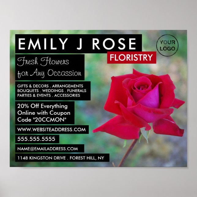 Red Crimson Rose, Floristry Advertising Poster (Front)
