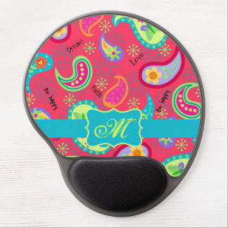 Red Crimson Turquoise Modern Paisley Monogram Gel Mouse Pad