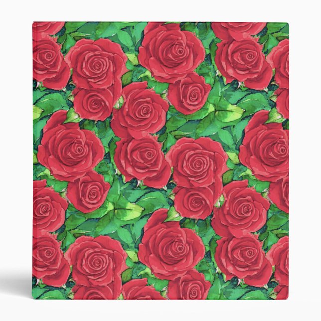 Red / Crimson Watercolor Rose Pattern 3 Ring Binder (Front)
