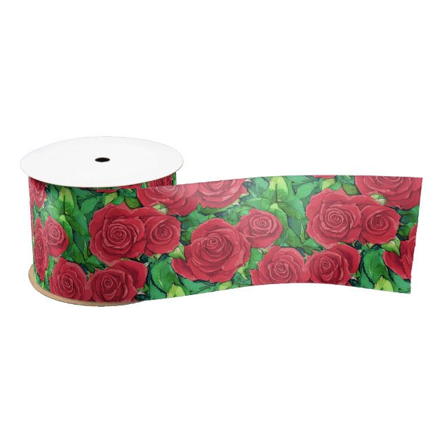 Red / Crimson Watercolor Rose Pattern Satin Ribbon (Spool)